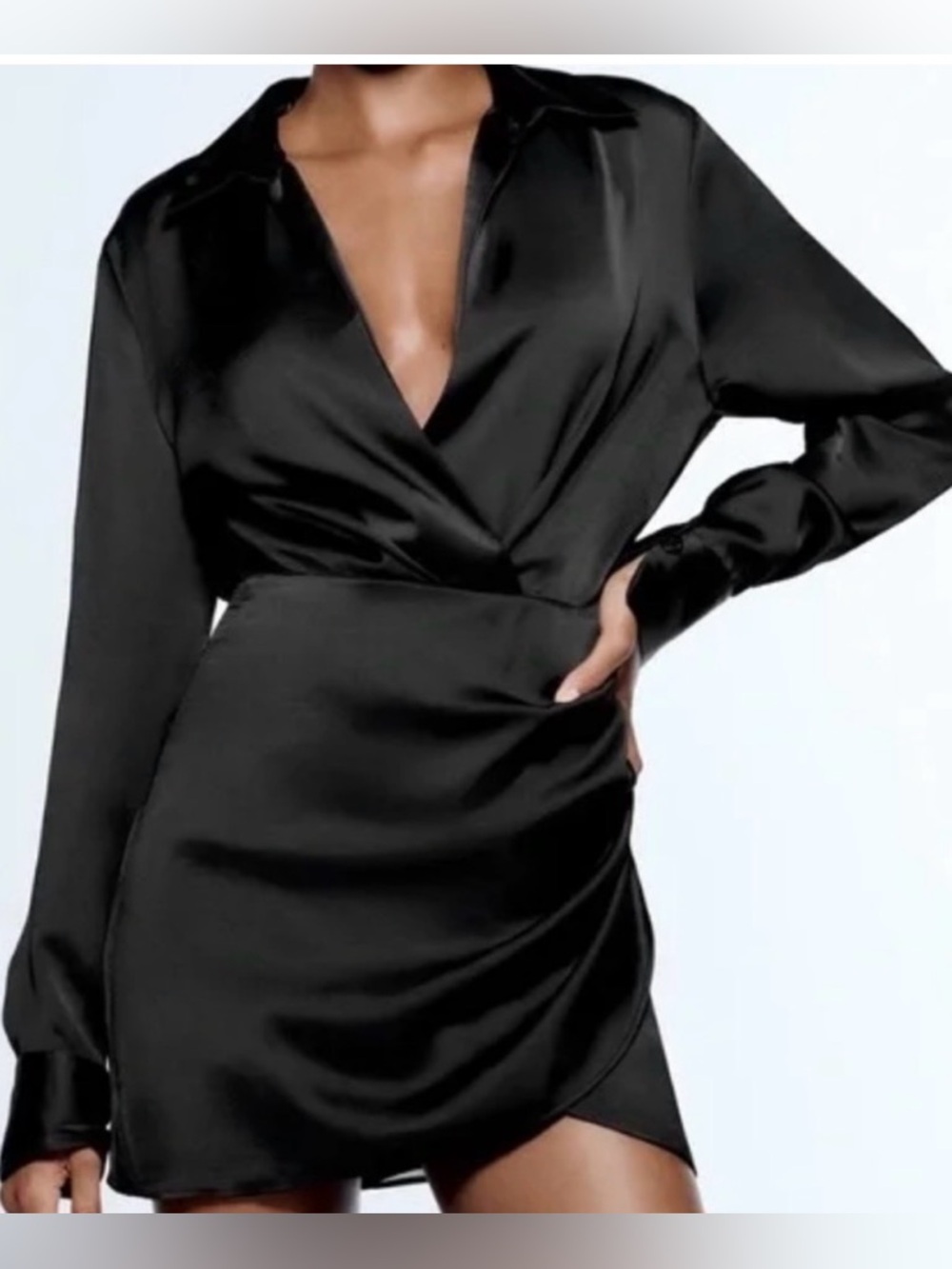 Zara Satin Effect Black Long Sleeve Mini dress Size XS - Picture 2 of 10